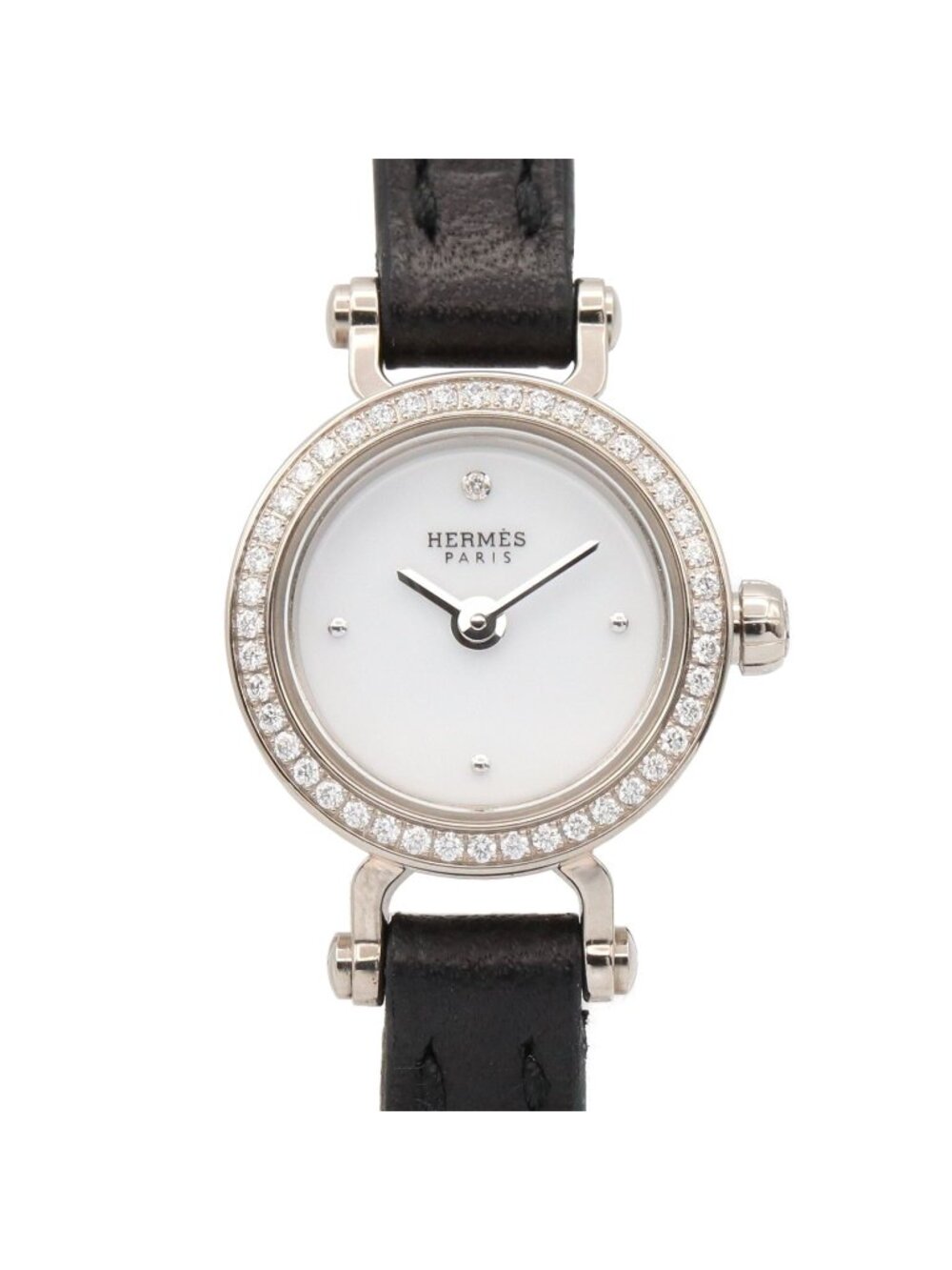 Hermes Watch Faubourg Mini Diamond Bezel White 18k Gold Leather Strap